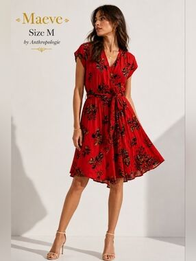 Maeve Anthropologie Tomato Red Floral Wrap Dress Women’s Medium Lightweight